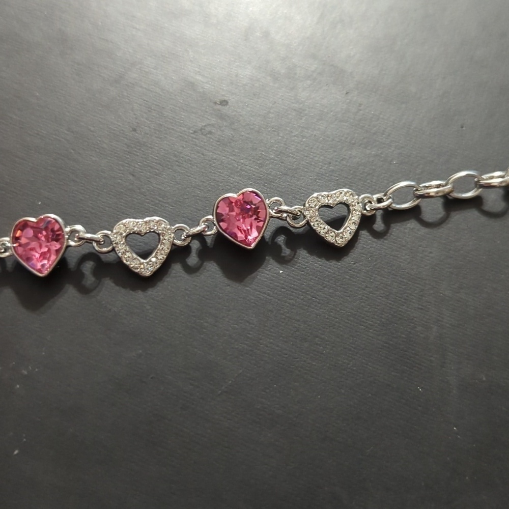 Silver Tone Pink and Clear Rhinestone Heart Shape Statement Bracelet - Picture 5 of 6